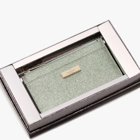 NWT Kate Spade Kenzie Boxed Glitter Large Slim Cardholder in Seawater Green - Picture 2 of 12